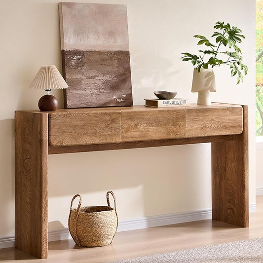 OKD 63'' Console Table with 3 Drawers, Farmhouse Entryway Table with Rounded Corners, Console Table Behind Couch for Living Room/Hallway-Light Knotty Oak