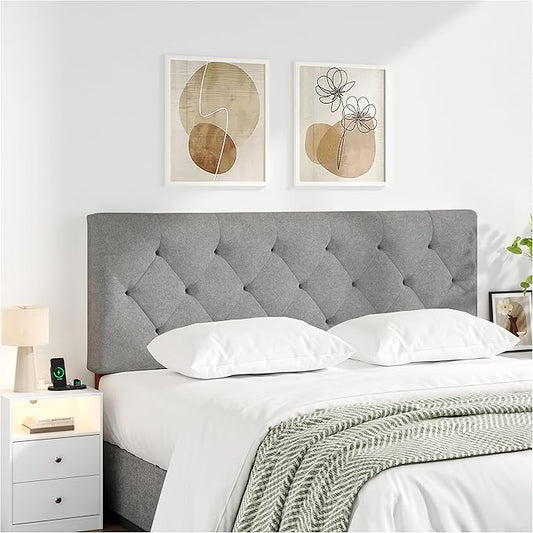 Upholstered Full Size Headboard Only for Bed Frame from 42”-55”, Adjustable Height Full Headboards with Durable Wood Leg, Fabric Bed Board in Modern Button Design, Light Grey