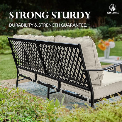 HERA'S HOUSE 5 Piece Patio Furniture Set, 2 x Cushioned Metal Chair, 2 x Ottoman, 1 x 3-Seat Sofa, All Cushioned 7 Seats Outdoor Conversation Set for Lawn Garden Backyard