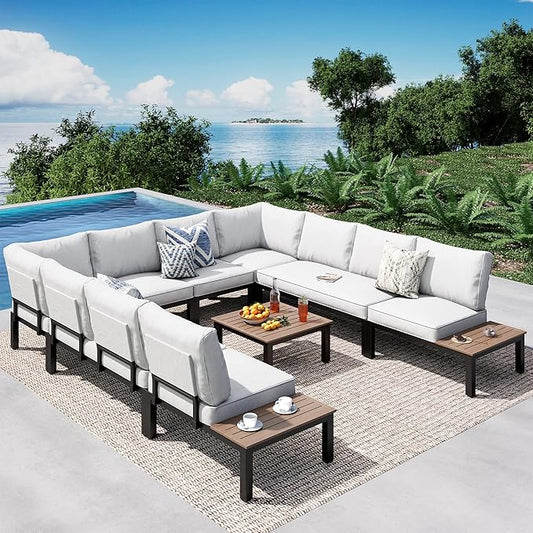 PHI VILLA 9 Pieces Outdoor Patio Furniture Set,Metal Frame Modern Outdoor Sectional Sofa Set,10 Seats Patio Conversation Sets with Coffee Table&Thickened Cushion,for Poolside and Backyard,Light Grey
