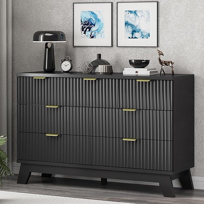 Fluted Dresser for Bedroom with 7 Drawers, 48" Wide Chest of Drawers with Metal Handle, Modern Wood Dresser TV Stand, Wooden Closet Clothes Storage Organizer for Living Room, Hallway, Black