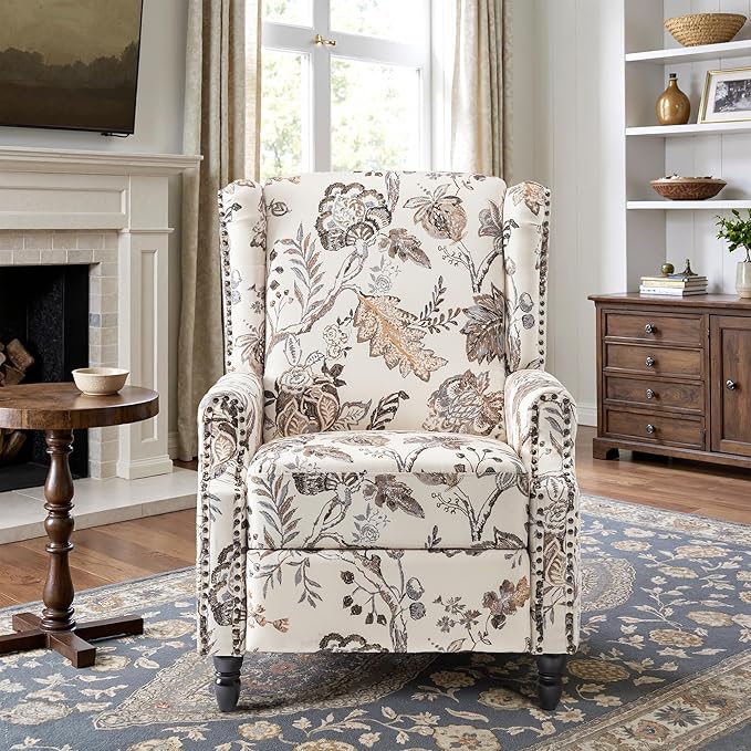 Recliner Chair, Upholstered Wingback Floral Pushback Armchair with Adjustable Backrest & Footrest, Comfy Accent Chair for Small Spaces, Living Room, Bedroom-Plants Beige, Set of 1