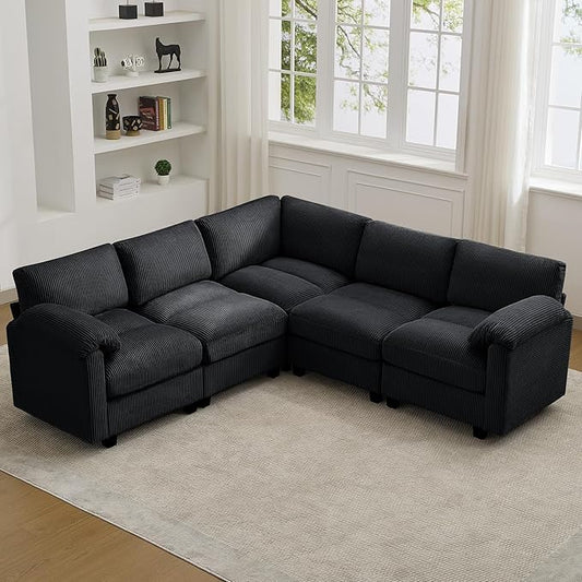 87'' V-Shaped Sectional Sofa Couch, 5-Seater Modular Couches for Living Room, Corduroy Deep Seat Cloud Sofa with Center Stitched, Black