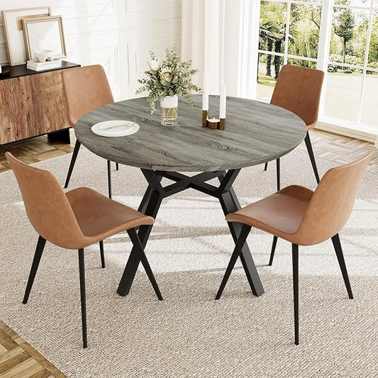 Extendable Round Dining Table Set for 4-6 People, 43.3"-59.1" Extendable Kitchen Table with 4 Upholstered Chairs, Space Saving for Kitchen Dining Room (Grey Table+4 Brown Chairs)