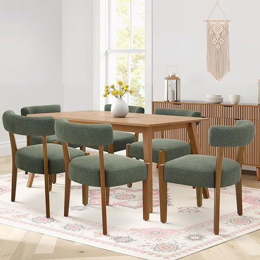 Modern Green Dining Chairs Set of 6, Walnut Upholstered Kitchen & Dining Room Chairs, Mid Century Modern Wooden Dining Chairs Oversized Sturdy Fabric Rounded Chairs Curved Back