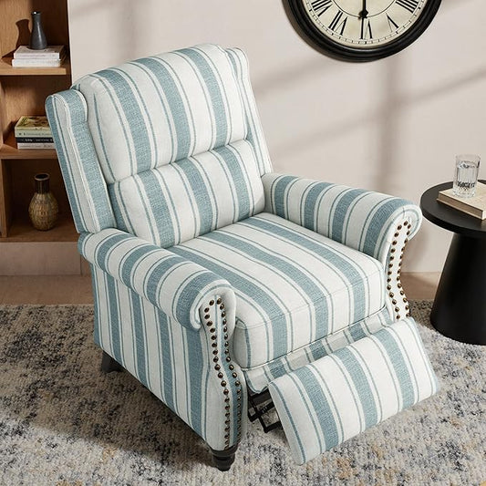 Lumibee Recliner Chair,Pushback Armchair for Small Spaces,Adjustable Backrest & Footrest Accent Chair in Comfy Fabric for Living Room, Bedroom-Stripe Blue