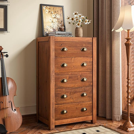 Vintage 5-Drawer Tall Dresser, Solid Wood Frame with Wood Veneer, Rustic Wooden Drawer Cabinet for Bedroom, Living Room, Dark Walnut, Dark Walnut