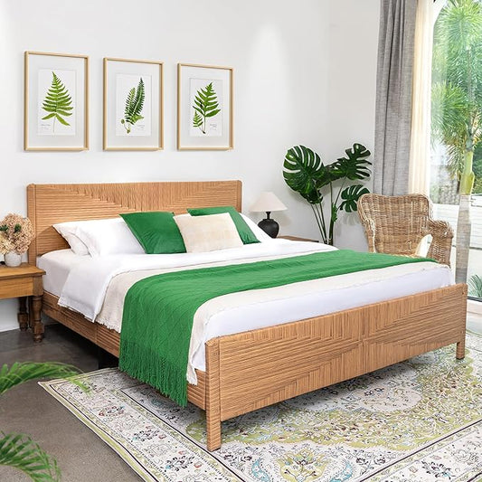 Yechen Hand-Woven PE Rattan King Bed Frame with Headboard and Footboard, Boho Mid Century Modern Bedframe with Vintage Pattern, Wicker Bed with Metal Frame and Slats, No Box Spring Needed, 1000lbs