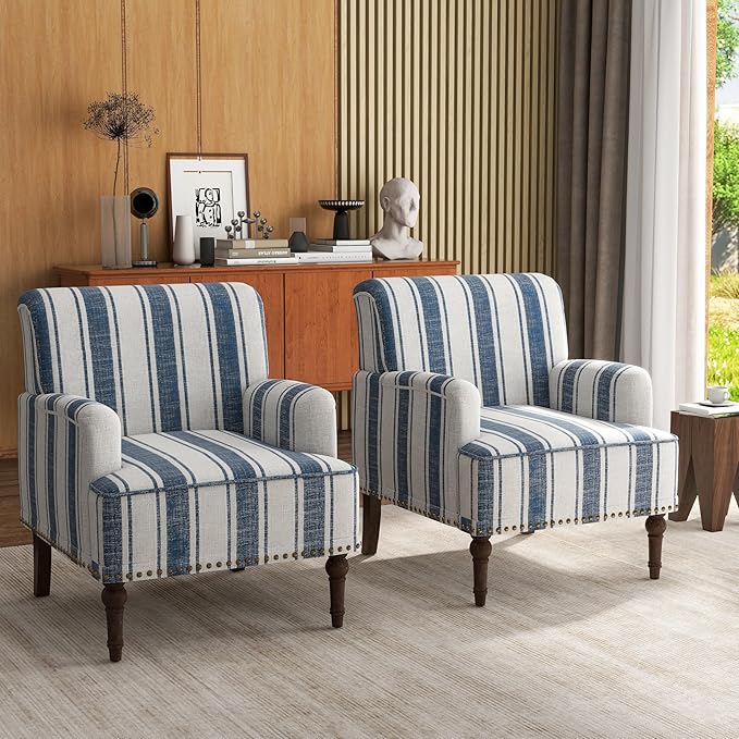 UIXE Stripe Accent Chairs Set of 2, Living Room Arm Chair Modern Nailhead Trim Club Armchair, Comfy Upholstered Sofa Lounge Seat Reading Seat Bedroom Side Seating for Home Office, Dark Blue