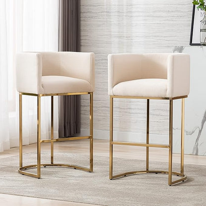 Contemporary Cream Linen Bar Stool, 32" Upholstered Fabric Counter Height Barstool Kitchen Counter Island Stool with Golden Metal Base