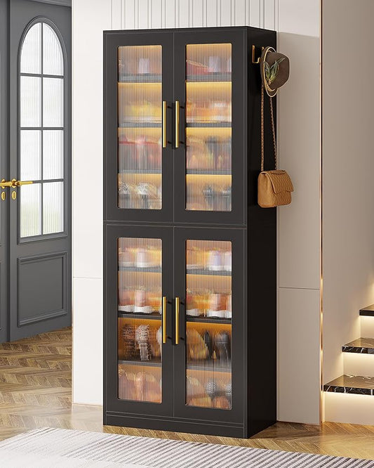 Tribesigns Tall Shoe Storage Cabinet with Acrylic Doors and LED Lights, 8-Tier Shoe Organizer Rack with Adjustable Shelves & Hanging Hooks for Narrow Closet, Hallway, Living Room, Black (Set of 2)