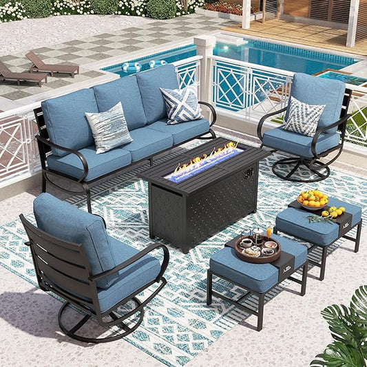 PHI VILLA Patio Furniture Set with FirePit Table, Outdoor Furniture with 1 x 3-Seat Deep Seating Bench, 2 x Swivel Sofa Chairs & 2 Ottomans, 5.75" Cushioned Outdoor Conversation Set for 5, Navy Blue