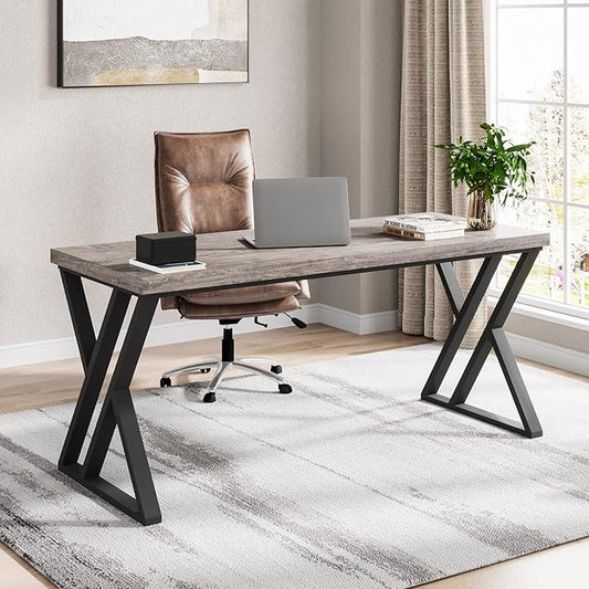 LITTLE TREE 55 Inch Large Simple Industrial Computer Desk Study Writing Table Home Office Workstation,Grey