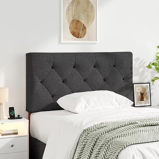 Twin Upholstered Headboard, Twin Head Board Only for Bed Frame from 27”-41”, Adjustable Height Twin XL Headboards with Durable Wood Legs, Fabric Bed Board in Modern Button Design, Dark Grey
