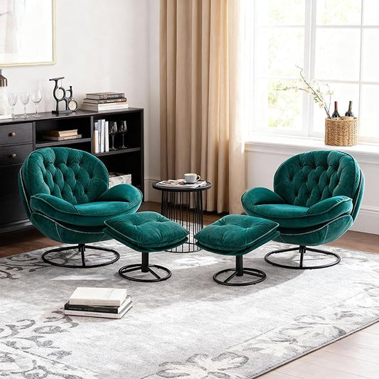 Set of 2 360° Swivel Modern Velvet Accent Chair with Ottoman | Mid-Century Button Tufted Lounge Chair for Living Room & Bedroom, Green