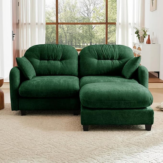 74" Loveseat L Shaped Sofa with Ottoman, Comfy Chenille Fabric Cloud Sectional Couch, Modern Upholstered Deep Seat Sofa with Armrest Pillow, Cloud Couch for Small Spaces Apartment, Green