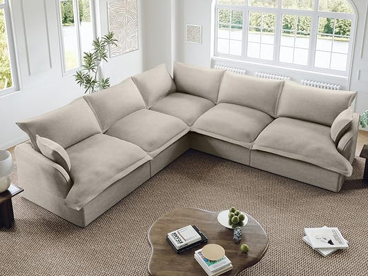 Oversized Modular Sectional Sofa, 5 Seater V Shaped Modular Couch with Washable Cover, Comfy Down Fill Cloud Couch, Light Grey