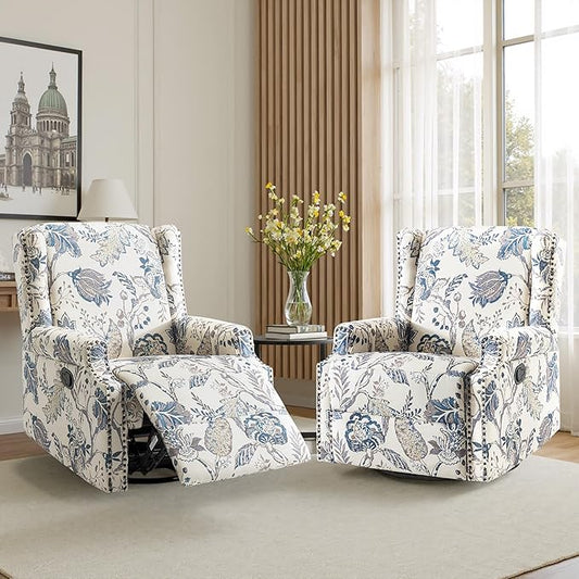 Swivel Glider Recliner Chairs Set of 2, High Back Rocker Reclining Accent Chair with Smooth Manual Mechanism for Nursery, Comfortable & Quiet Upholstered Armchair Seating-Bule Plant
