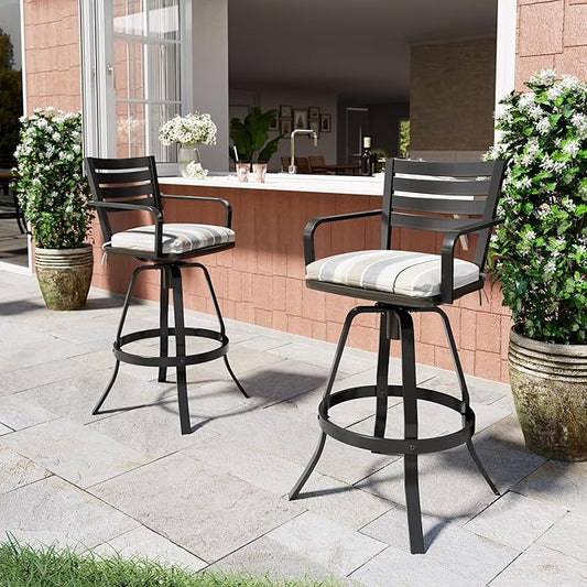 Pellebant 29.5" Outdoor Barstools Set of 2, Aluminum Swivel Patio Bar Height Stools with Back & Footrest, Rust-Proof Tall Bar Stool Chairs for Deck Lawn Garden,Milano Char
