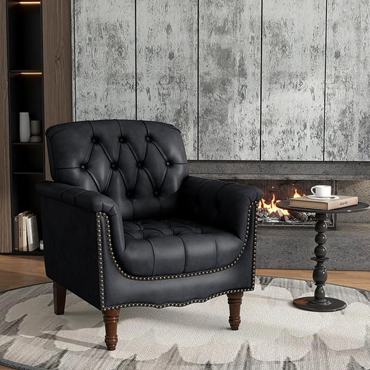 Lumibee Faux Leather Armchair, Contemporary Accent Chair with Nailhead Trims & Wood Legs for Living Room, Upholstered Comfy Arm Chair for Office,Bedroom-Blue Black