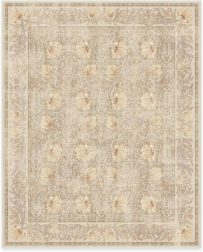 RUGGABLE x Morris & Co Washable Area Rug– Pimpernel Vintage Stone 8x10, Stain-Resistant, Non-Slip – Large Machine Washable Rugs for Living Room, Bedroom, Hallway, Entryway & Office–with Cushioned Pad