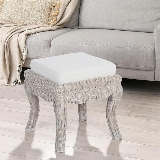 JONATHAN Y VSL1000C Rowan 19.7" Bohemian Designer Woven Rattan/Wood Ottoman Vanity Stool, White Cushion Seat with Gray White Wash Binded Base, for Living Room, Bedroom, Entryway, Foyer