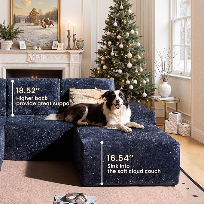 114" Glitter Cloud Sectional Couch with L-Shape Chaise & Ottoman, Modern Boneless Couches for Living Room, Fluffy Tufted Deep Seat Modular Sofa No Assembly (Blue Sparkly Velvet,Left Facing)