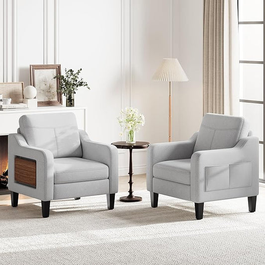 Accent Chair for Living Room Modern Linen Upholstered Armchair Side Wooden Fabric Sofa Chair with Foldable Table 2 Side Pockets Comfy Reading Chair for Bedroom