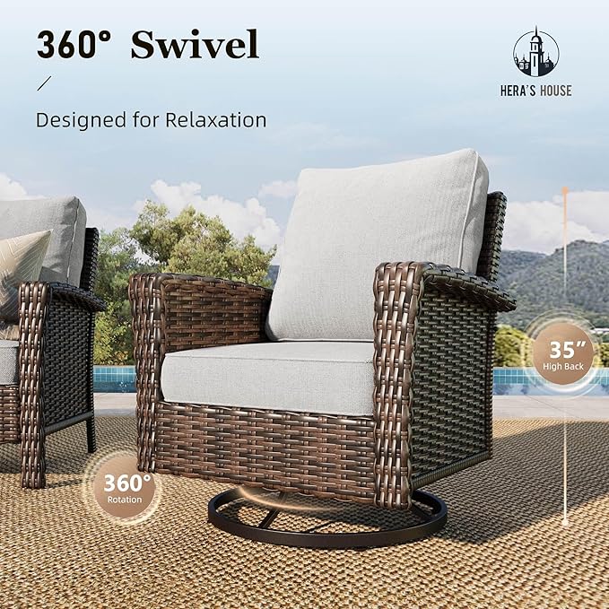 HERA'S HOUSE High Back Outdoor Swivel Chairs with 5.5" Thick Cushions, Wicker Rattan Patio Chairs Set of 2, Porch Deck Balcony Backyard Furniture, Grey