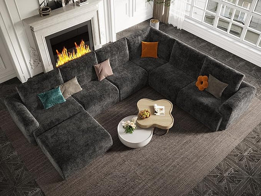 EASE MOOSE Sectional Cloud Couch Oversized for Living Room, 7-Seat Modular Boneless Sofa U-Shaped Sofa with Ottoman, No-Assembly Chenille Couch, Dark Grey