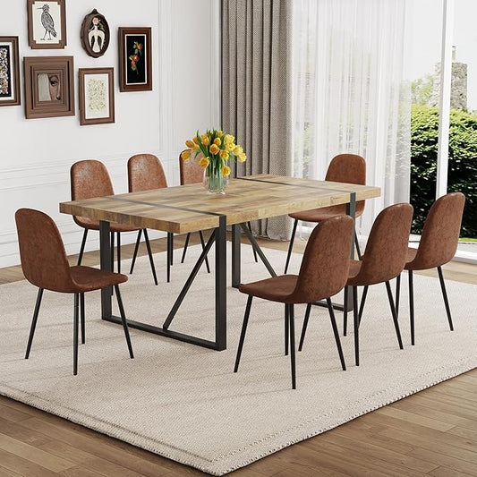 9 Piece Dining Table Set，Dining Room Table Set for 8，71'' Kitchen Table and PU Leather Chairs Set of 8，8 Chair Dining Table Set for Kitchen Dining Room