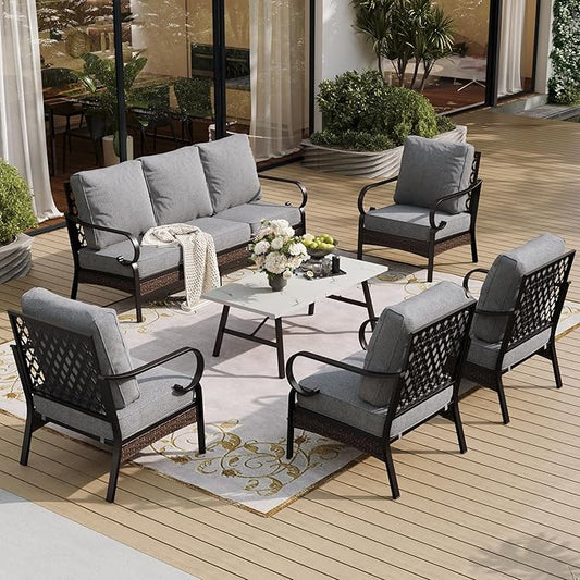 6 Piece Metal Outdoor Patio Furniture Sets, Patio Conversation Sets 1 3-Seater Sofa, 4 Single Sofa with 5.75" Extra Thick Cushion & Coffee Table, Black Frame Backyard Furniture, Gray
