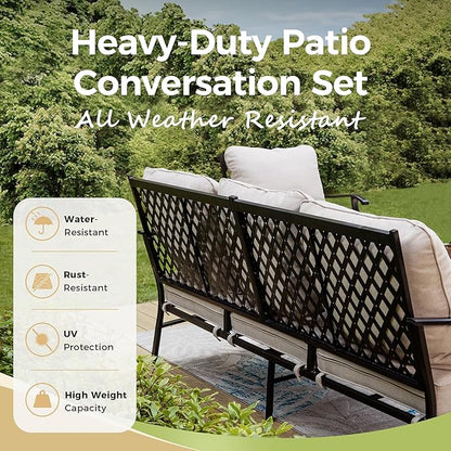 Patio Furniture Set with Firepit Table, 4 Pcs Metal Outdoor Conversation Set, 2 Single Chairs and 3 Seater Sofa with 5.75" Extra Thick Cushion and Gas Fire Pit Table for Backyard Deck, Beige