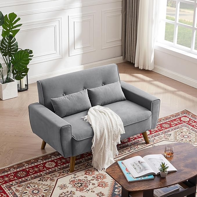 48" Small Loveseat Sofa, Mid Century Modern Love Seat with Back Cushions and Plastic Legs, 2 Seater Couches for Living Room, Bedroom, Small Spaces, Light Grey
