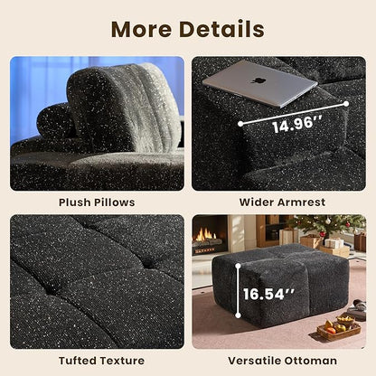 114" Glitter Cloud Sectional Couch with L-Shape Chaise & Ottoman, Modern Boneless Couches for Living Room, Fluffy Tufted Deep Seat Modular Sofa No Assembly (Gray Sparkly Velvet,Left Facing)