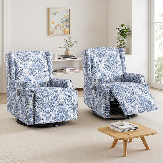 UIXE Swivel Rocker Manual Recliner Chairs Set of 2, Wingback Swivel Glider Fabric Nursery Reclining Sofa Chair, High Back Upholstered Arm Chair for Living Room Bedroom - Navy Floral