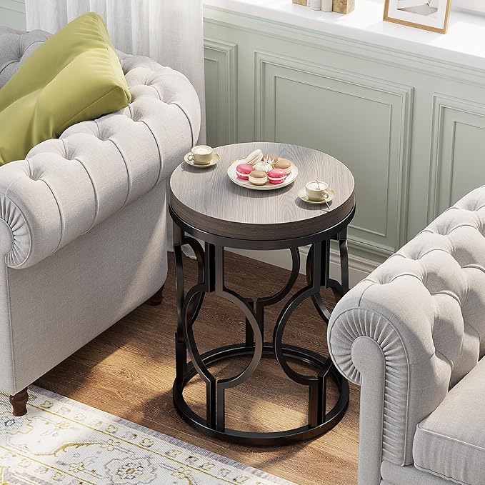 Tribesigns Round End Table Set of 2, Industrial Side Table with Metal Hollow Frame, Small Bedside Table Nightstand for Living Room, Bedroom, Easy Assembly (Grey,2 PCS)