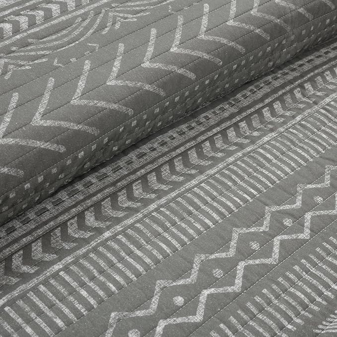 Lush Decor Hygge Geo Pattern Striped 3 Piece Quilt Bedding Set, King, Charcoal
