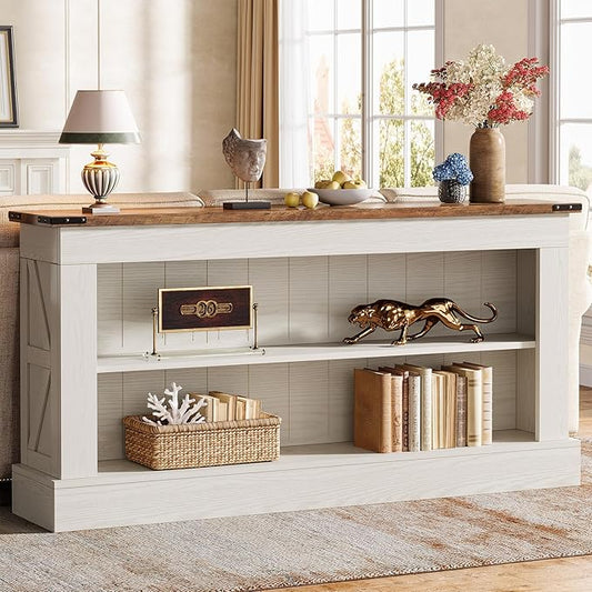 Tribesigns 63-Inch Long Console Table for Entryway, Narrow Long Entry Table with Shelves for Living Room, Farmhouse Sofa Console Behind Couch, for Foyer, Hallway, White and Brown