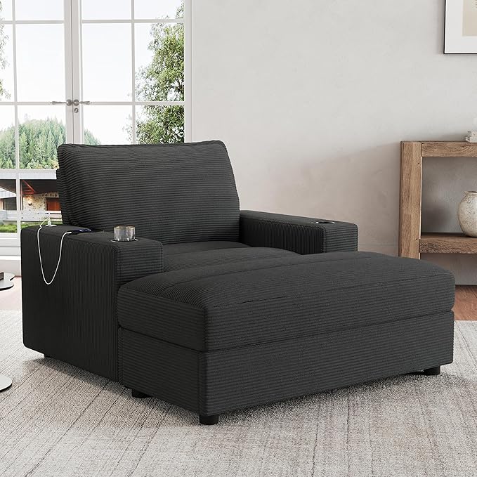 Christopher Knight Home Zoe Oversized Chaise Lounge Chair Indoor with Cup Holders & USB Charging Port, Corduroy Upholstered Sofa Bed + Ottoman with Storage, Comfy Deep Seat Sleeper Sofa Chair, Grey