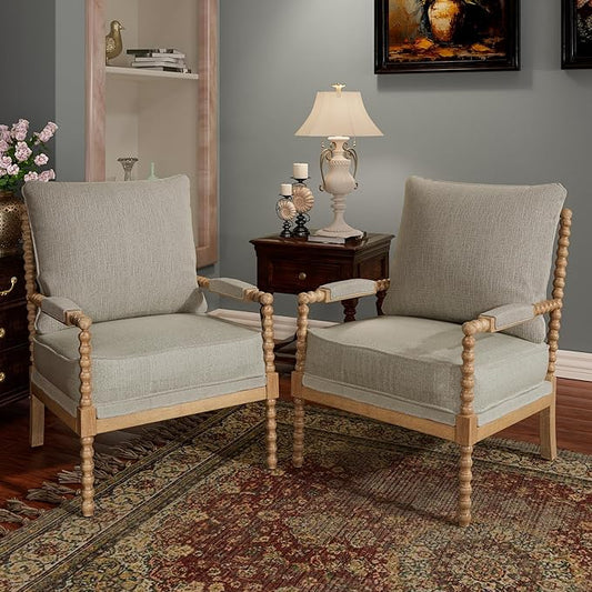 Morden Fort Linen Fabric Spindle Accent Chairs Set of 2, French Style Chairs with High Resilience Spring Cushion and Armrest Pads, Leisure Armchair for Living Room Bedroom Farmhouse Office Balcony