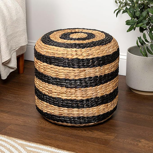 JONATHAN Y TBL2501A Aimee 15.7" Modern Minimalist Alternating Hand-Woven Hyacinth Ottoman for Living Room, Bedroom, Entryway, Foyer, Natural Seagrass Foot Stool, Handwoven Footrest, Natural/Black