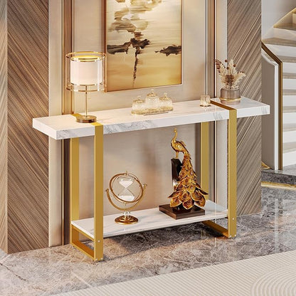 Huuger 47.2 Inch Entryway Table with Marble Top, 2-Tier Modern Console Sofa Table with Storage, Accent Table, for Entry, Hallway, Entrance, Foyer, T-Shaped Metal Frame, White Marble & Gold