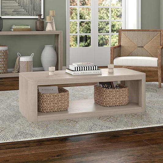 Henn&Hart 47" Rectangular Low-Profile Coffee Table with Open Storage Shelf for Living Room, Family Room, or Office, Alder White