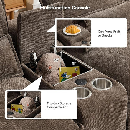 U Shaped Sectional Sofa with Storage Console, Cup Holders & USB Ports, Small Modular Cloud Couch with Deep Seats, Modern Comfy Living Room Sofa for Apartment, Chenille Brown