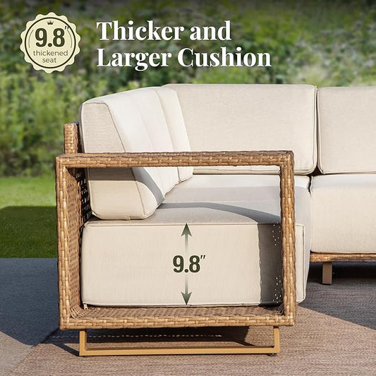 8 Pieces Outdoor Patio Furniture Set, Wicker Rattan Modular Sofa Couch, Sectional Patio Conversation Set with 10" Extra Thick Cushions for Deck Backyard Lawn