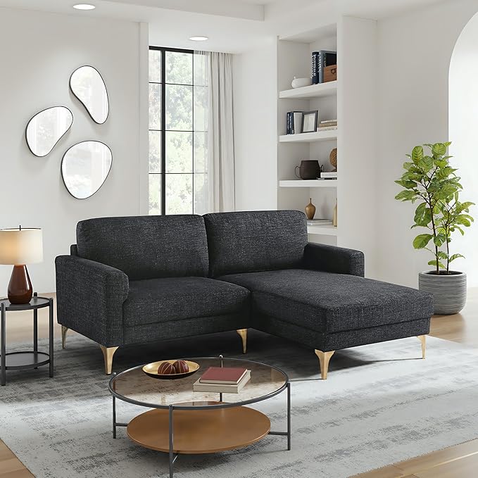 Studio Living® Matthew 83.5" Sofa Chaise, Mid-Century Modern, Pocket Coil Comfort, Reversable Chaise, Metal Brushed Bronze Legs, Chenille Fabric, Black