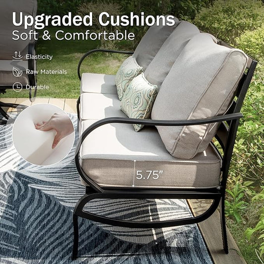 PHI VILLA 6 Piece Patio Furniture Sets with 1 x 3 Seater Padded Deep Seating Bench, 2 x C-Base Cushioned Sofa Chairs, 2 x Leg Sofa Chairs and 1 x Coffee Table, Outdoor Metal Furniture Set for 7