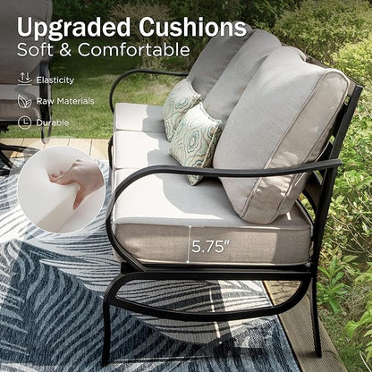 PHI VILLA 6 Piece Patio Furniture Sets with 1 x 3 Seater Padded Deep Seating Bench, 4 x Leg Cushioned Sofa Chairs and 1 x Coffee Table, Outdoor Conversation Metal Furniture Set for 7