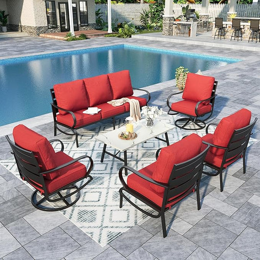 Sophia & William Patio Furniture Sets for 7 Outdoor Conversation Set 6 Pcs with 4 x Armrest Cushioned Sofa Chairs, 1 x 3-Seat Sofa, 1 Marbling Metal Coffee Table Garden Backyard Poolside Red
